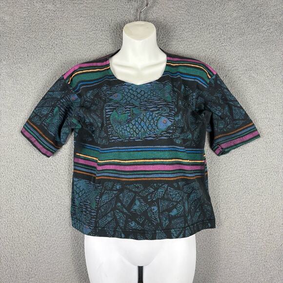 Vtg Bacio Top Women’s Medium Multicolor Fish Print Crop T-shirt USA 80s 90s - Picture 7 of 10